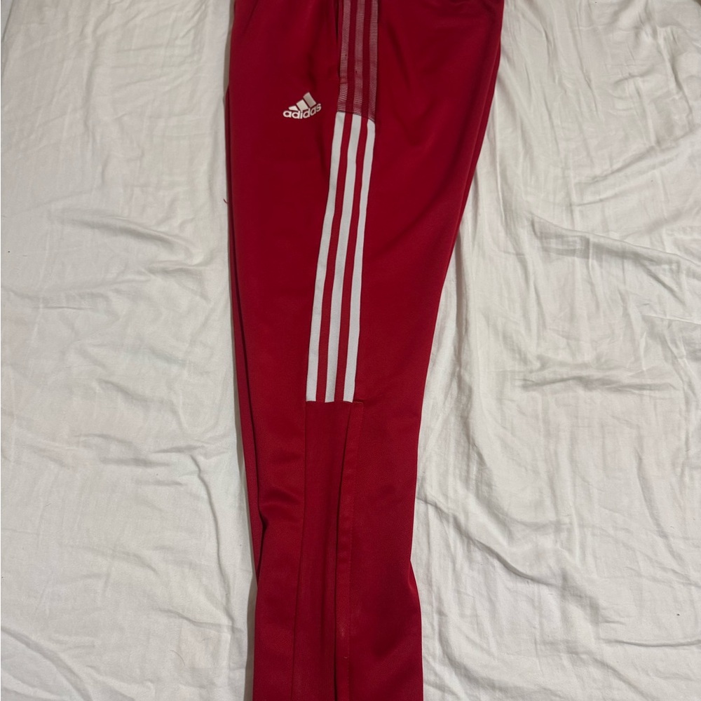 Adidas Men's Red Joggers with White Stripes